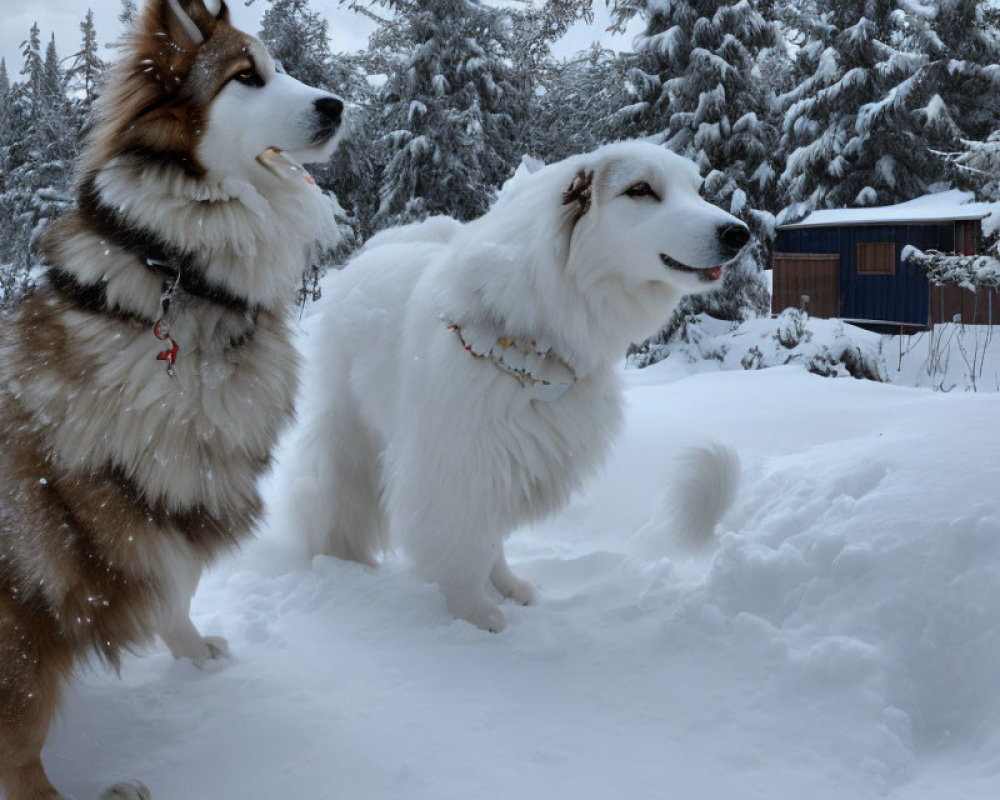 Fluffy dogs in snowy landscape with pine trees and hut