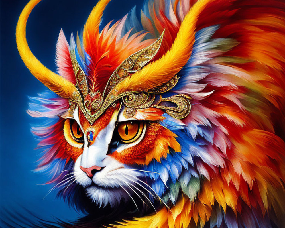 Colorful Illustration of a Fantastical Cat with Fiery Mane and Golden Headdress