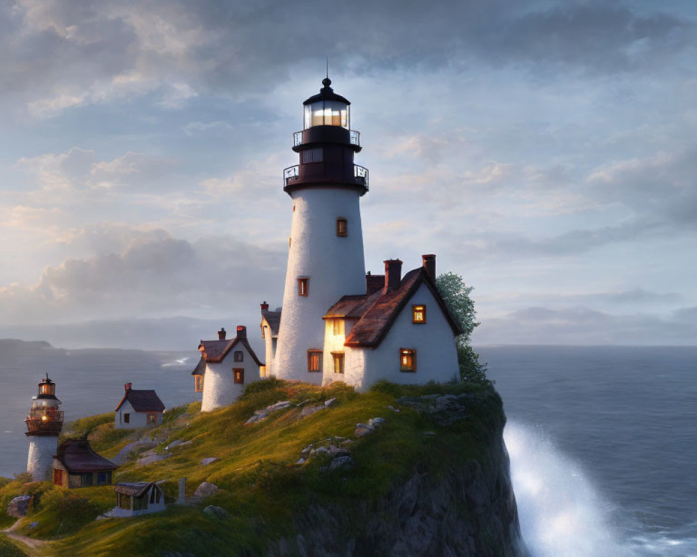 Scenic lighthouse on rocky cliff with calm sea and warm glow at twilight