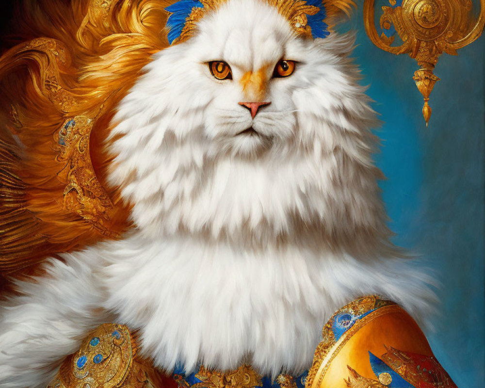 Majestic white-furred feline with lion's mane in ornate armor