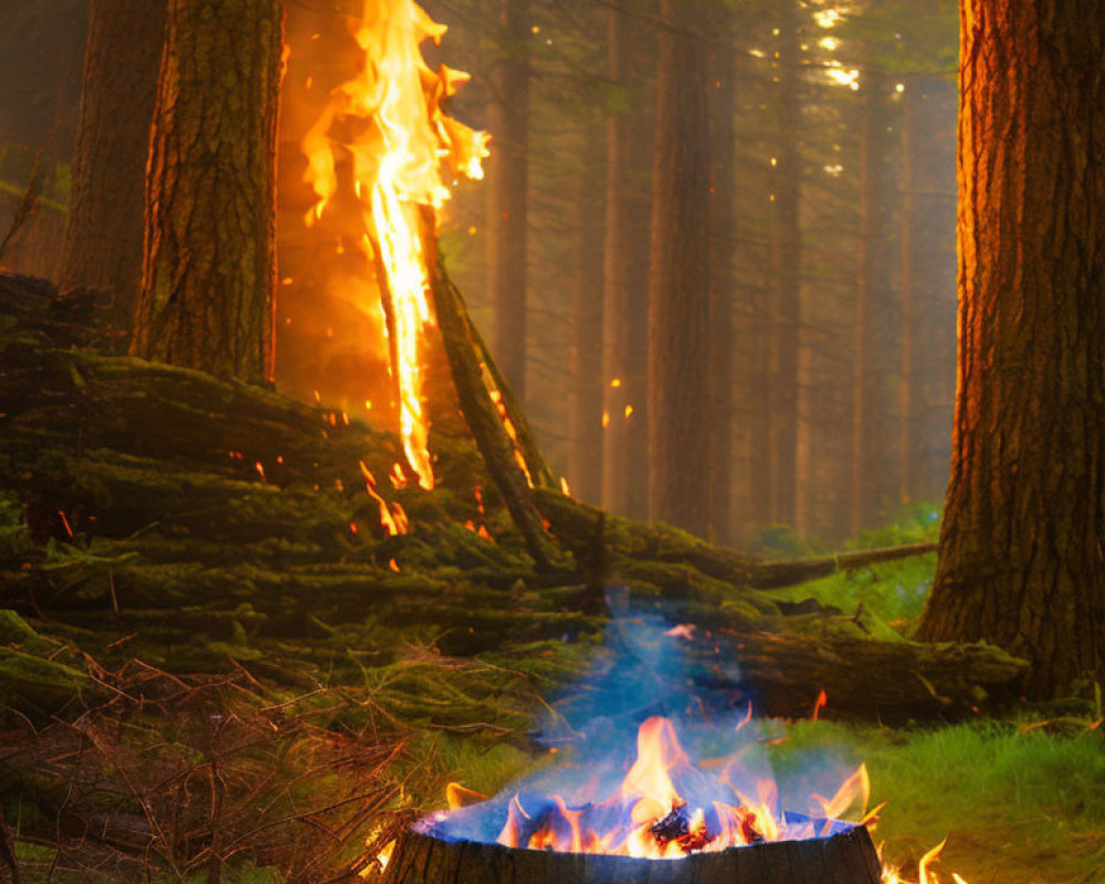 Forest scene with blazing tree trunk and flames in misty woodland backdrop