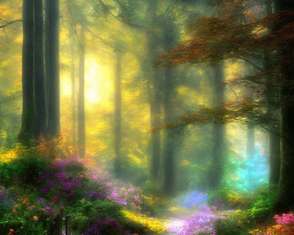 Tranquil Forest Path with Sun Rays and Colorful Flowers