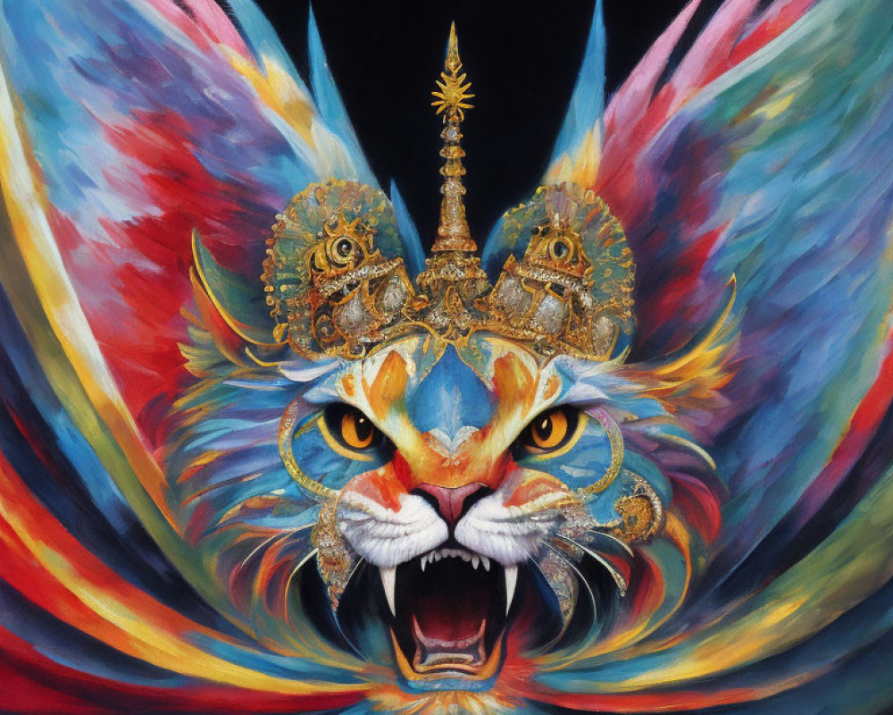 Colorful Tiger Painting with Ornate Headdress and Multicolored Wings