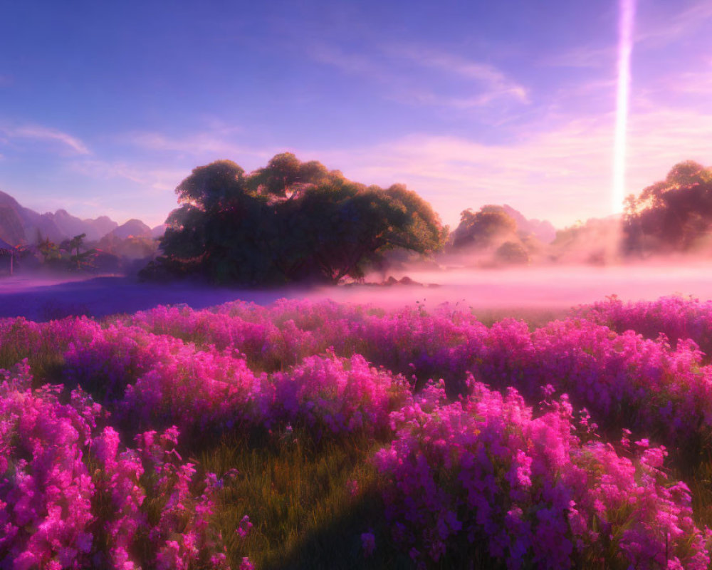 Sunrise landscape with purple flowers, mist, and pink sky