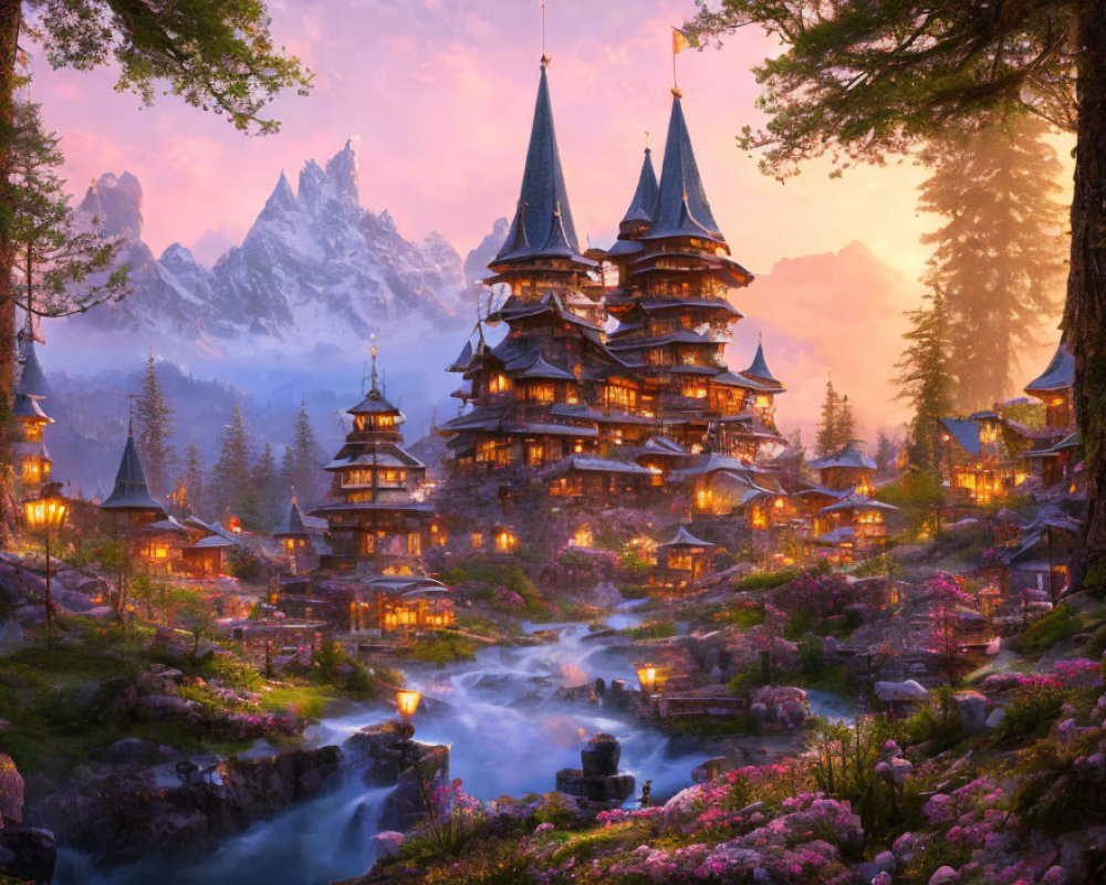 Twilight landscape with pagoda-style castle, illuminated trees, river, mountains