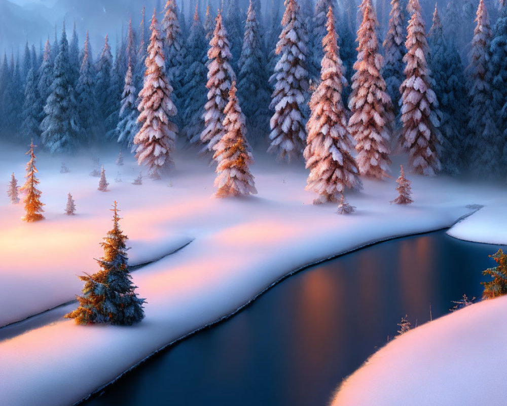 Tranquil winter landscape: snow-covered pine trees by winding river