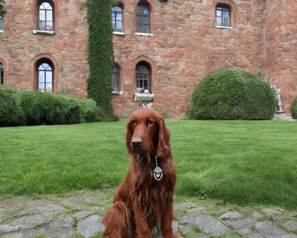 Majestic Irish Setter Dog on Green Grass by Ivy-Covered Brick Building