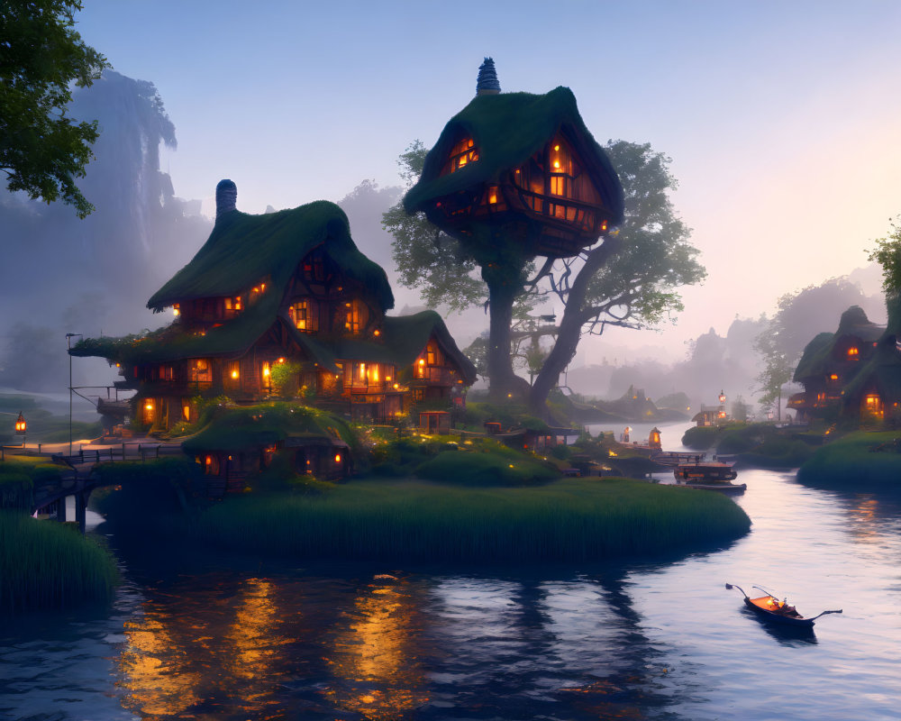 Tranquil fantasy village at twilight by serene river