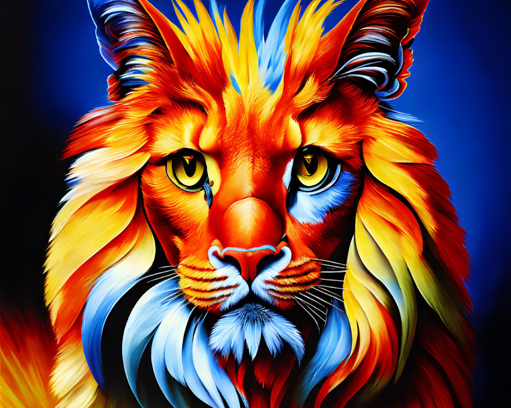 Colorful digital painting of a cat with orange mane and blue accents on dark blue background