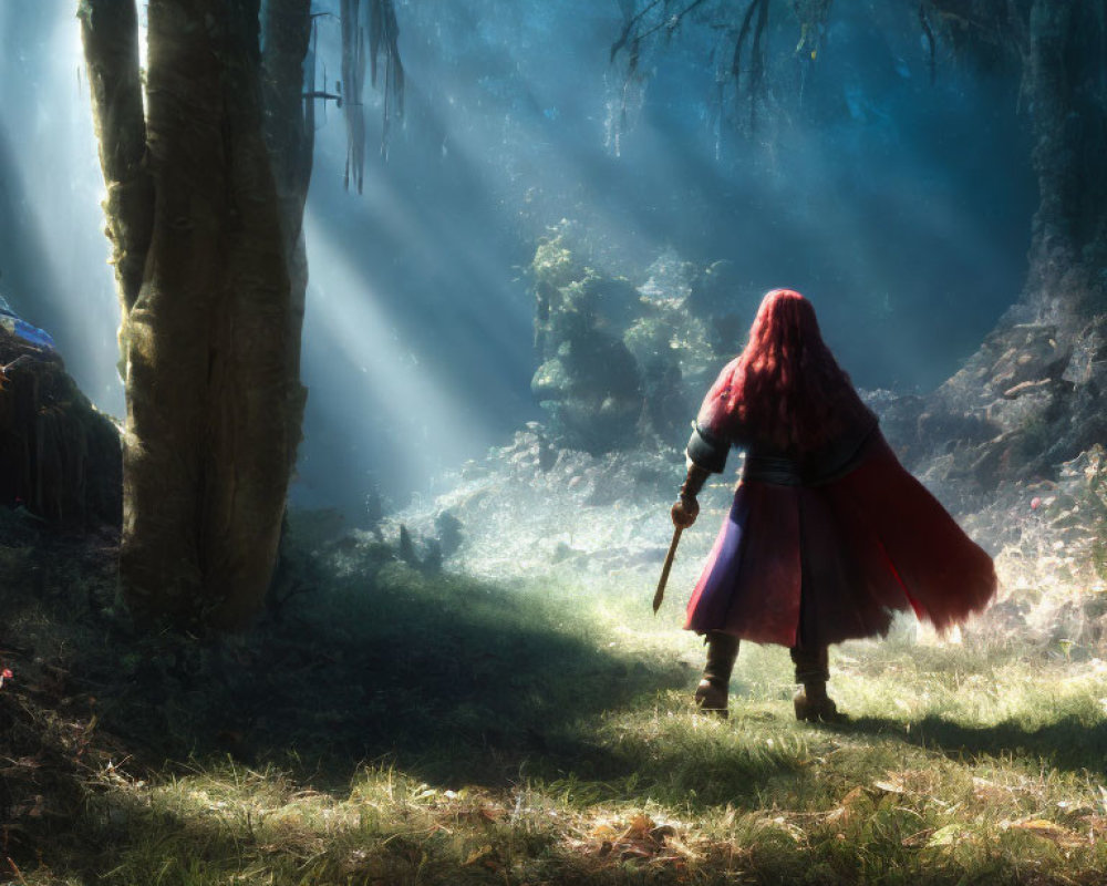 Figure in red cloak with sword in mystical forest under sunlight shafts