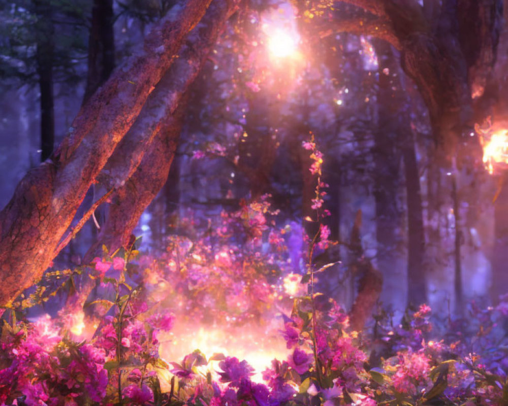 Twilight forest scene with pink and purple flowers, glowing orbs, and warm light through arched tree