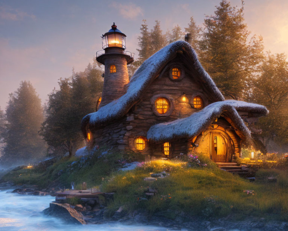 Stone cottage with lighthouse in serene forest setting at dusk