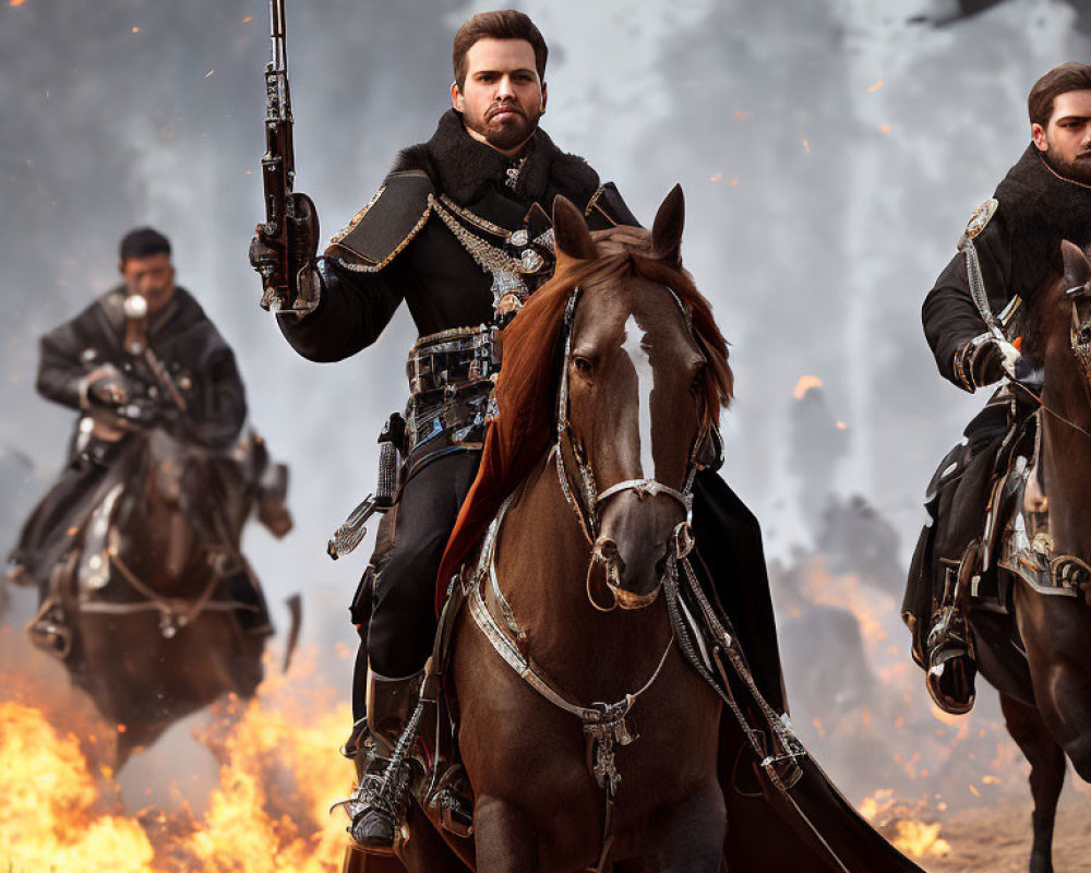 Historical military uniform man on horse in battlefield scene