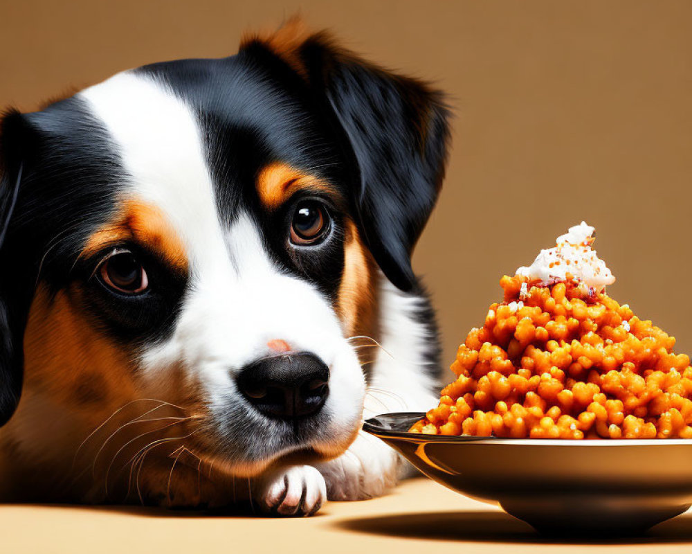 Tricolor dog eyeing caviar spoon on table in warm-toned setting