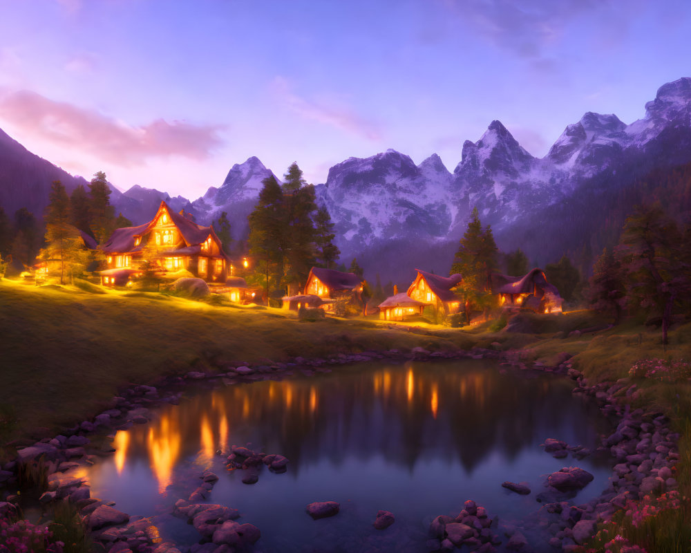 Alpine chalets by mountain lake at dusk