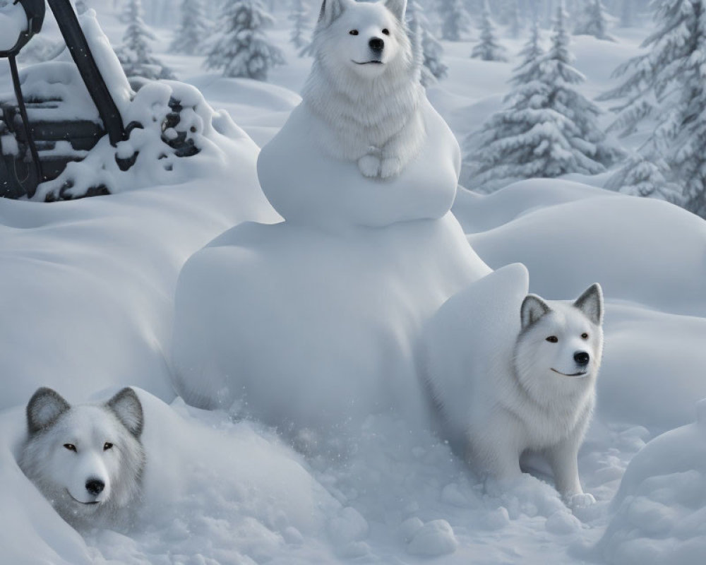 Three White Dogs in Snowy Landscape with Snow-Covered Vehicle