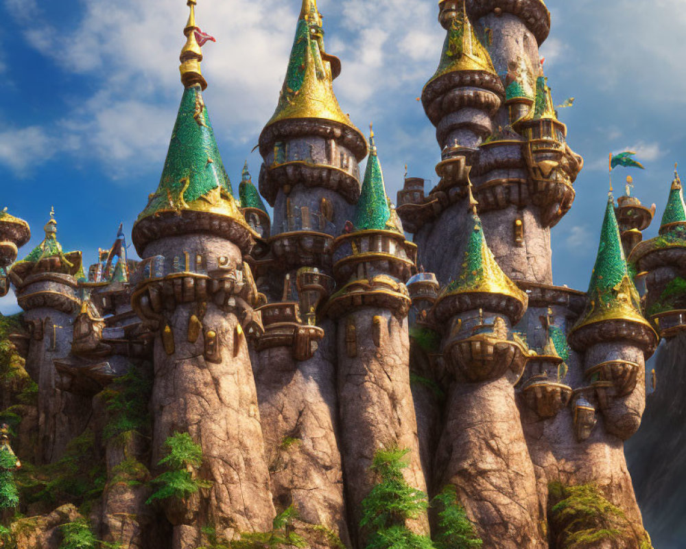 Majestic fairy-tale castle on craggy rocks under fluffy clouds