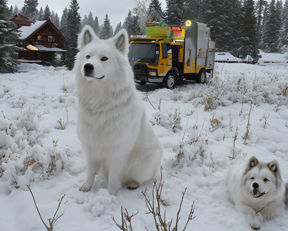 Two dogs in snowy landscape with yellow snowplow and cabin.