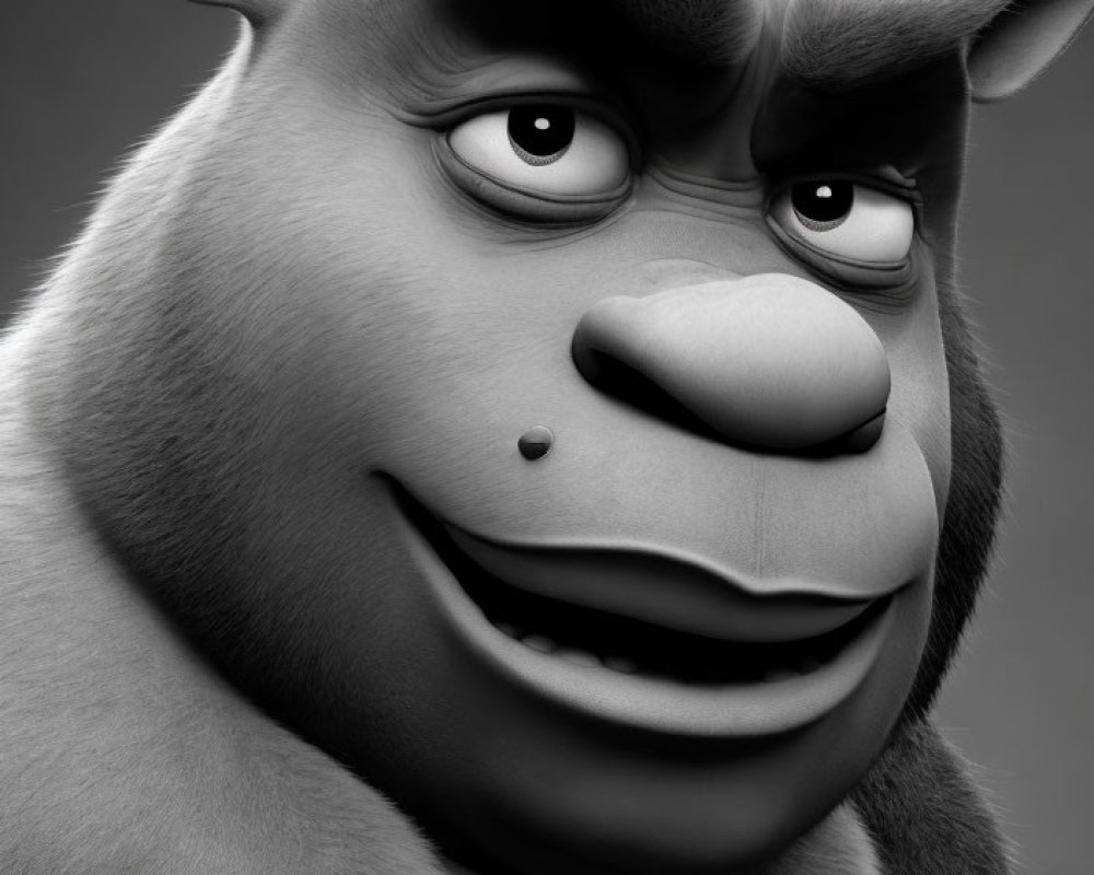 Grayscale animated ogre character in shirt and tie smiling friendly