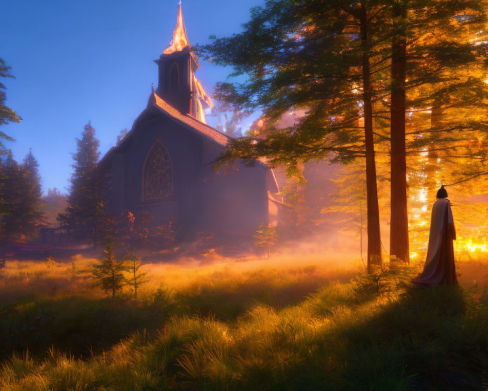 Cloaked figure in misty forest at sunrise near gothic church.