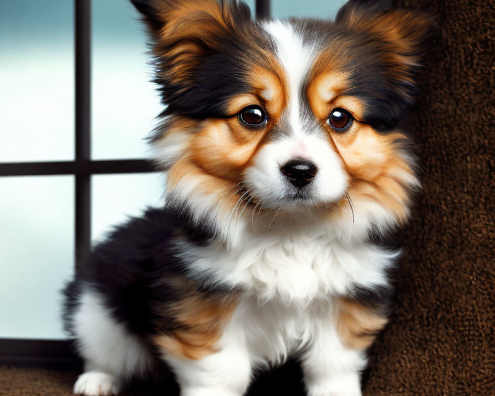 Tricolor Pembroke Welsh Corgi Puppy Indoors on Brown Background