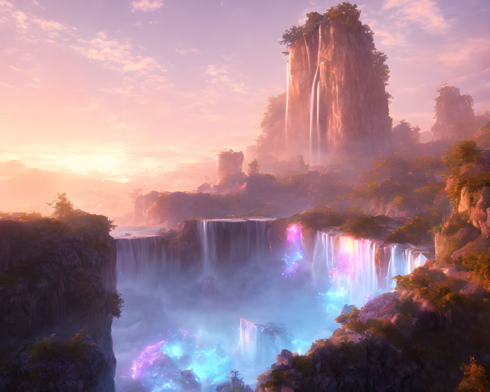 Mystical landscape with waterfalls, purple light, cliffs, and lush foliage