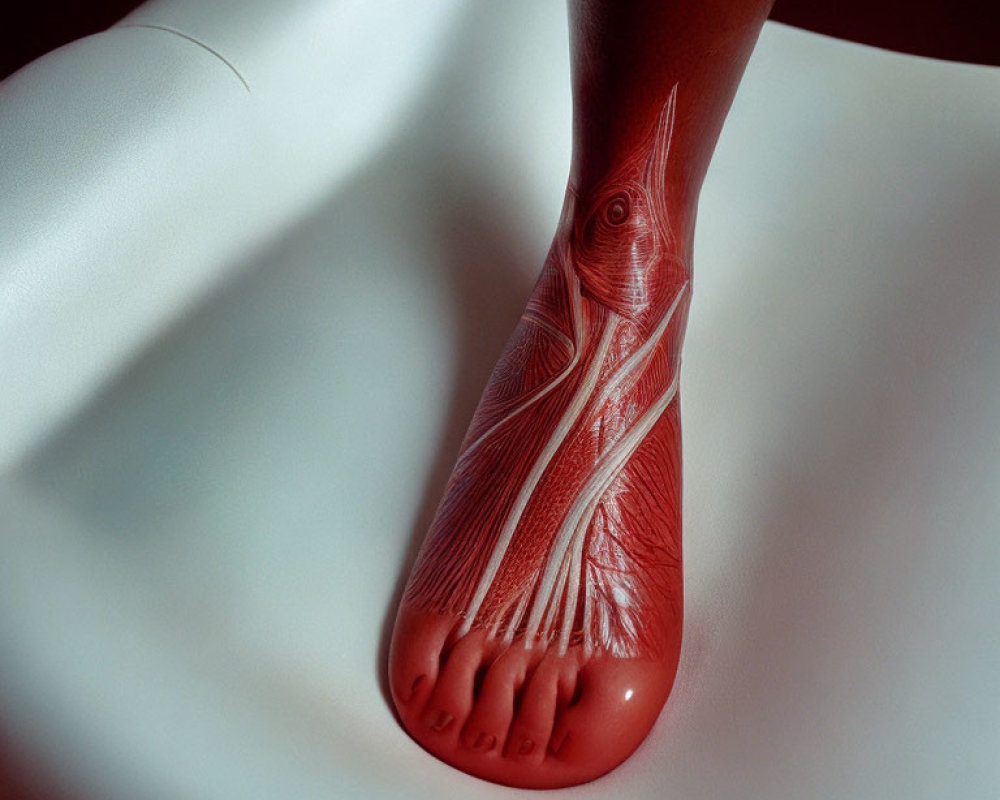 Anatomical illustration of human foot with red internal structures