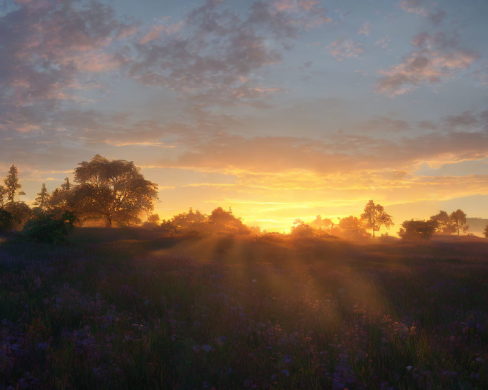 Tranquil sunset scene with sunbeams, purple flowers, and colorful sky