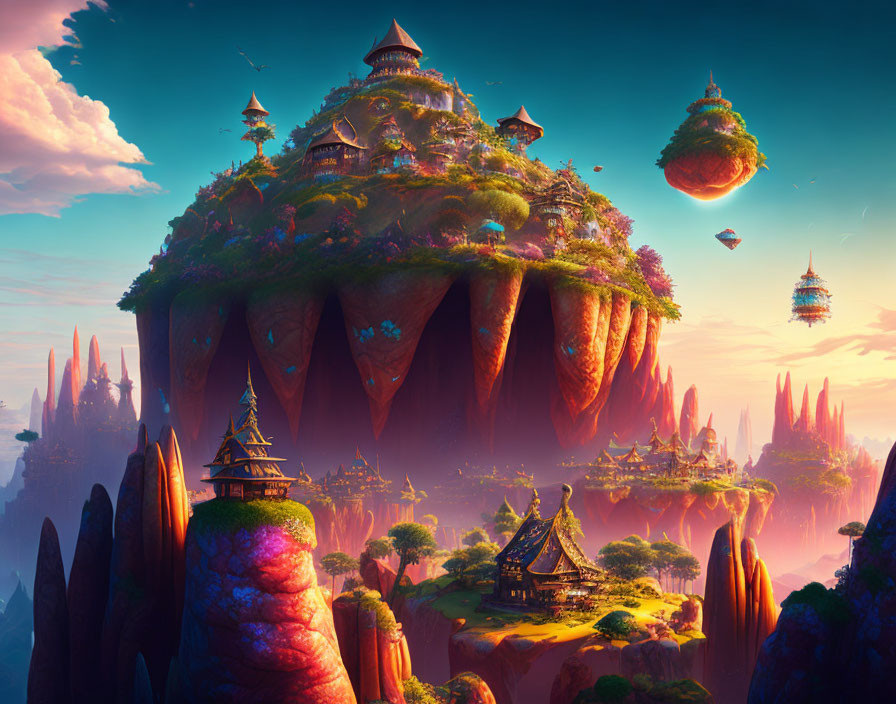 Fantastical landscape with floating islands and airships in vibrant colors