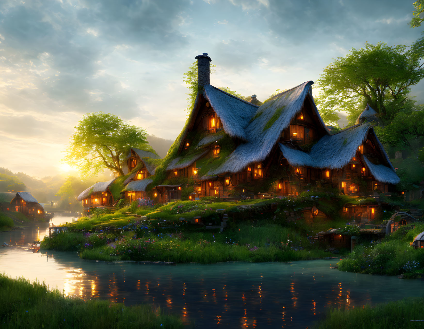 Quaint fantasy cottage with thatched roofs in lush greenery by a serene river