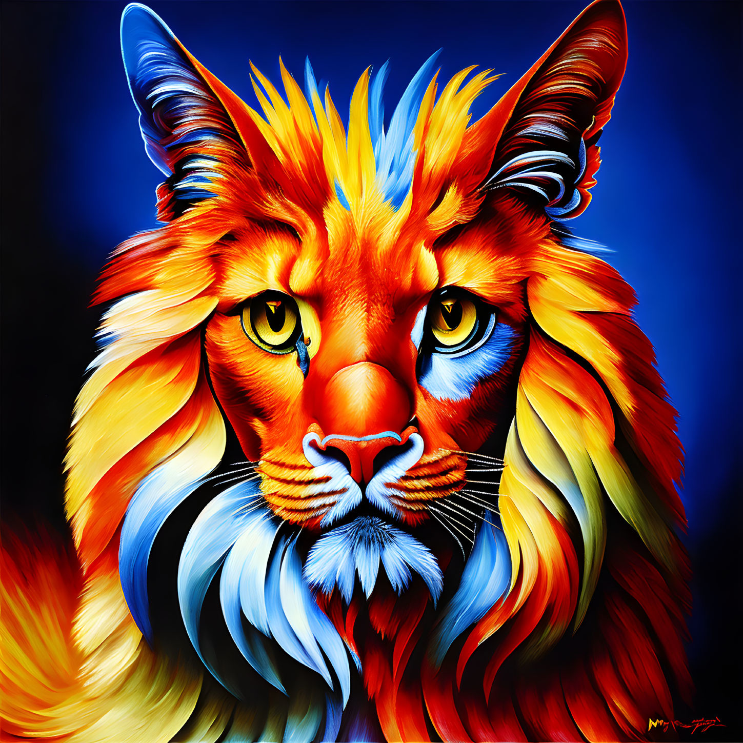 Colorful digital painting of a cat with orange mane and blue accents on dark blue background