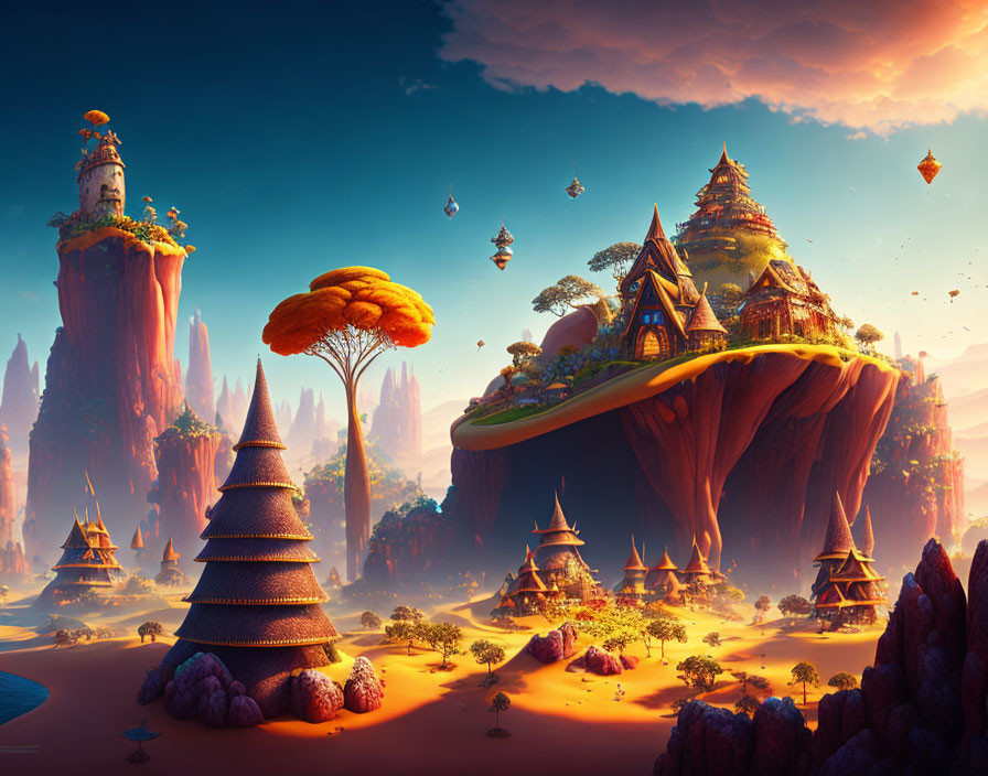 Fantasy landscape with floating islands and airships above golden sands