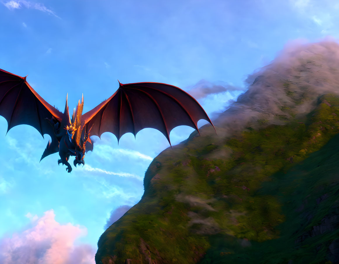 Black Dragon Flying over Green Mountain Landscape with Orange Underbelly