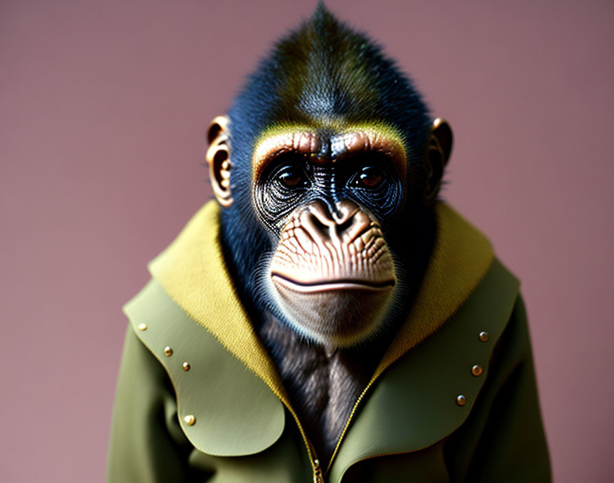 Young chimpanzee in olive green jacket against pink background