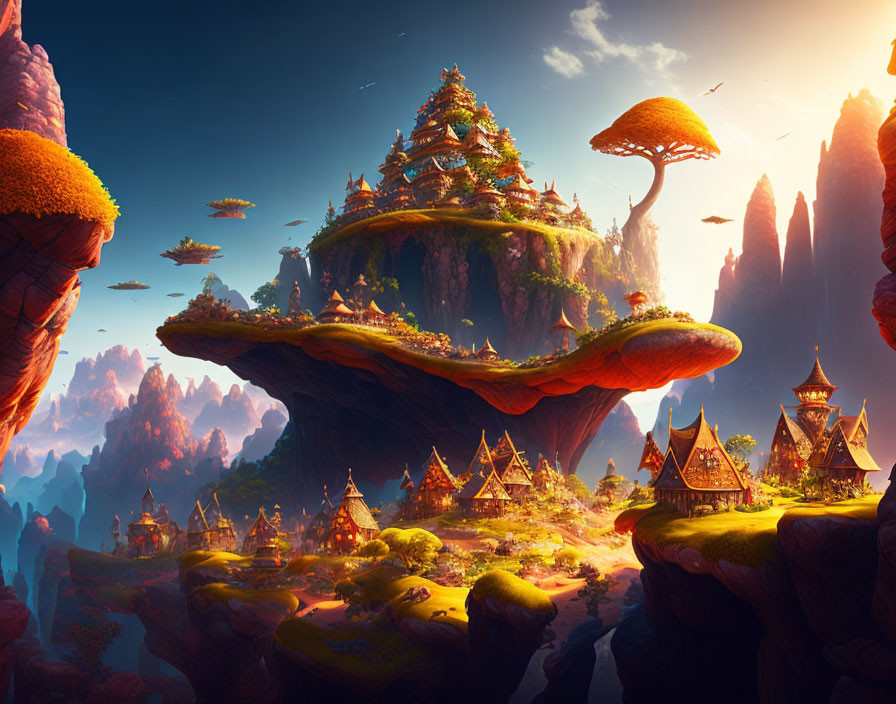 Fantastical landscape with floating islands and giant mushroom-like trees