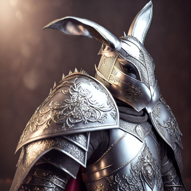 Intricately Designed Knight Armor with Floral Patterns and Rabbit Helmet in Misty Setting