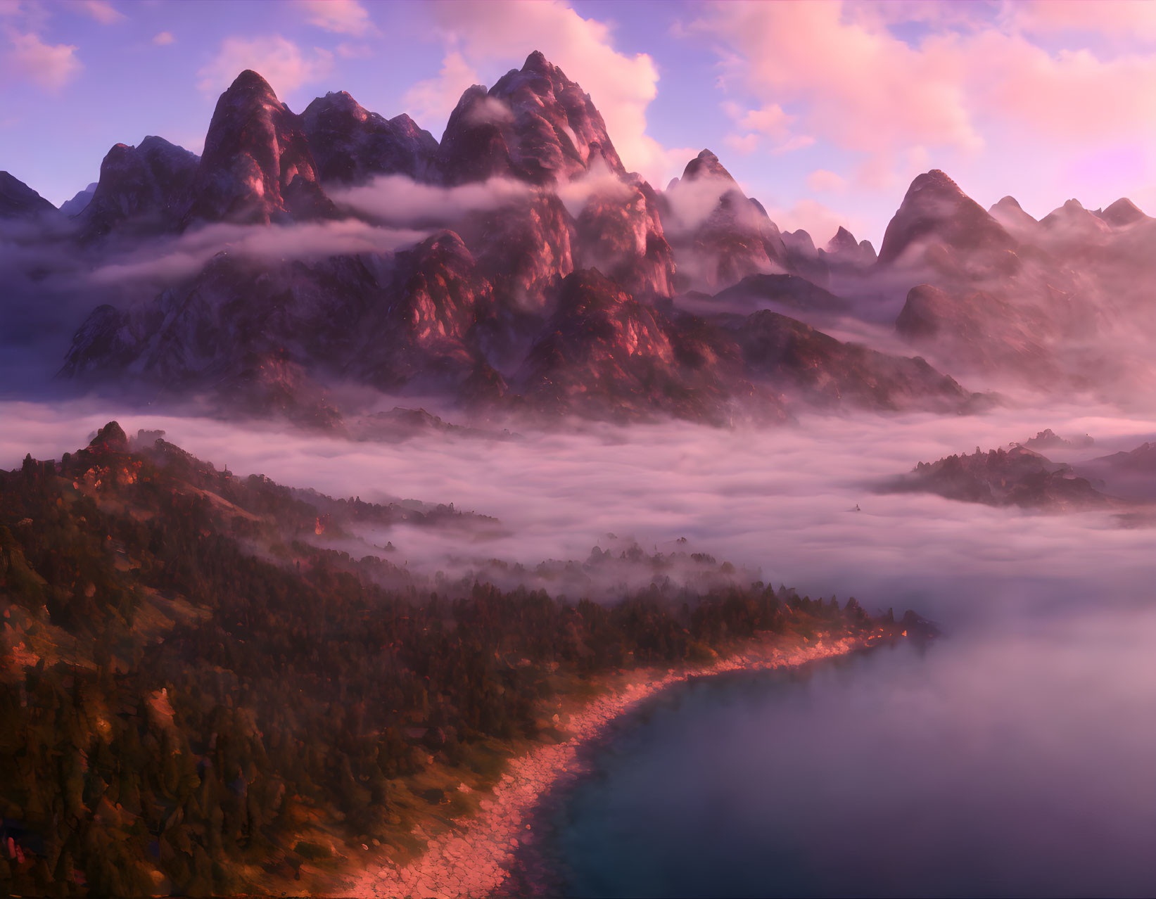 Majestic sunrise landscape: misty mountains, tranquil lake, lush forest.