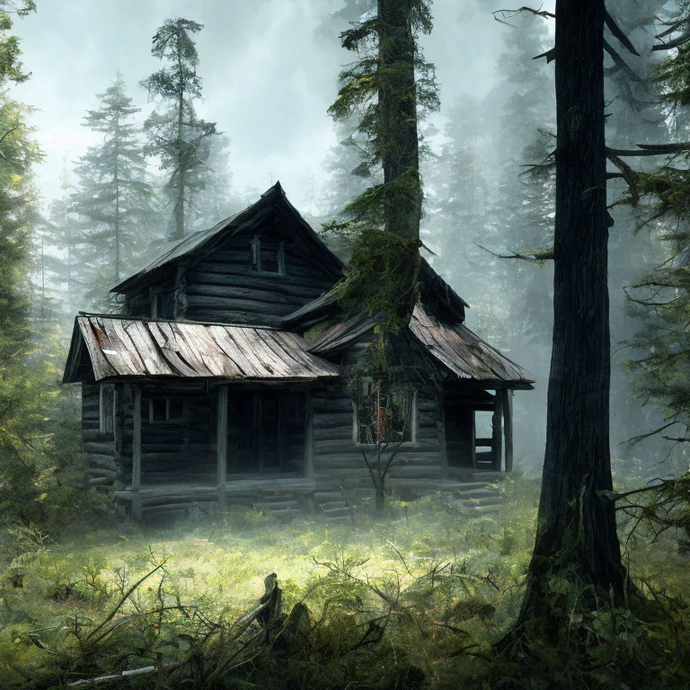 Rustic wooden cabin in misty forest among tall trees