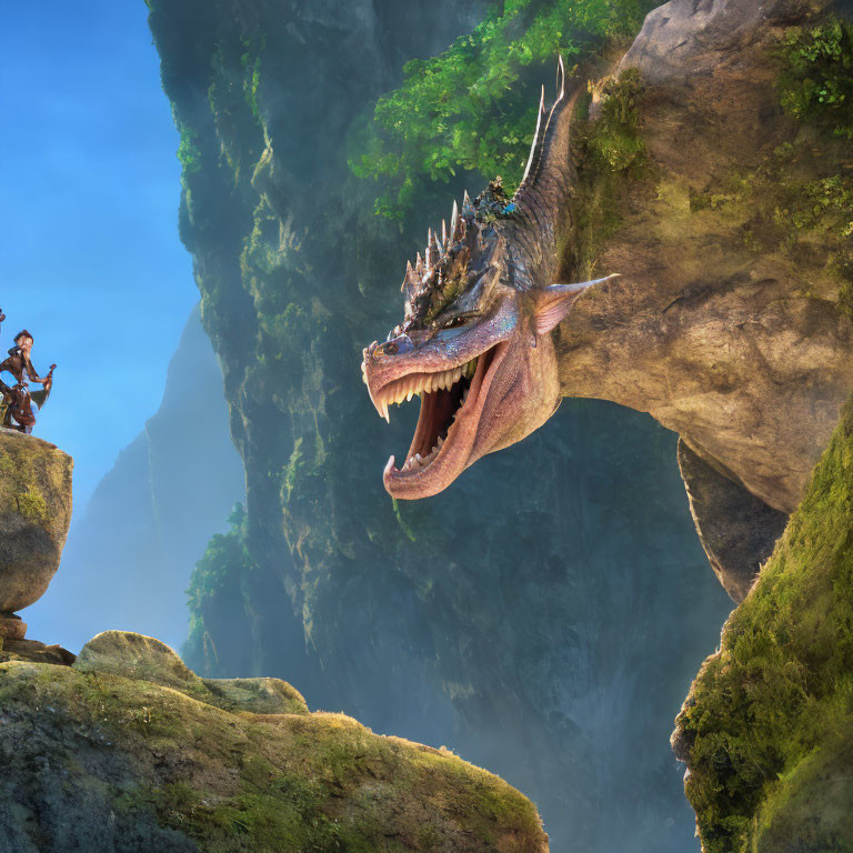 Detailed dragon emerging from rocky canyon with open mouth, person on cliff ledge.