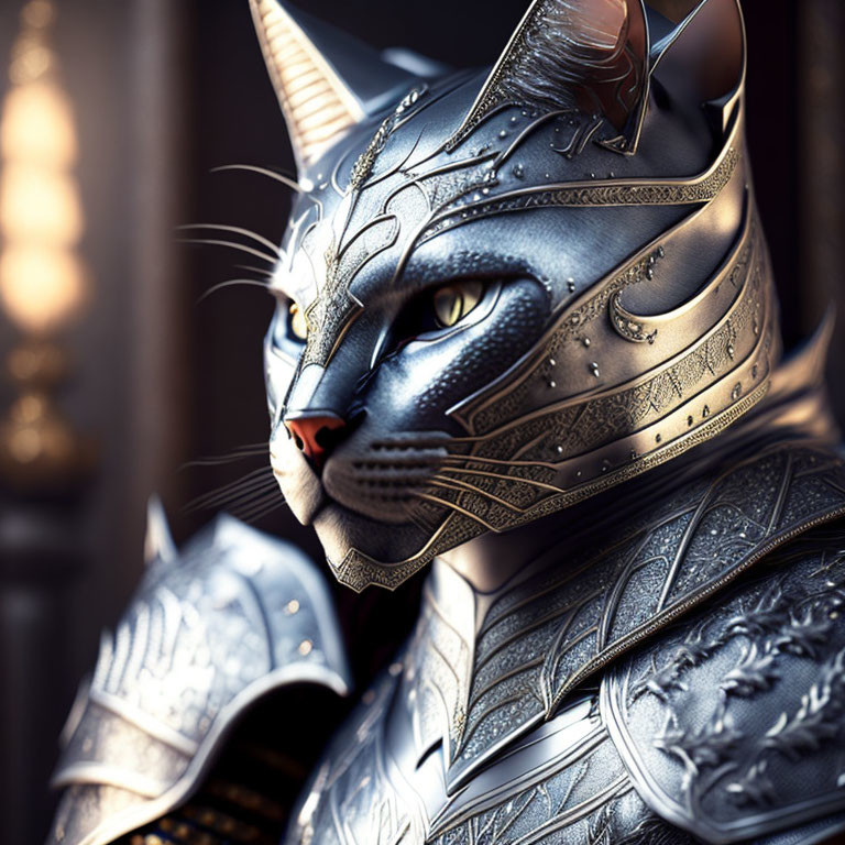 Detailed CG image: Anthropomorphic cat in ornate medieval armor