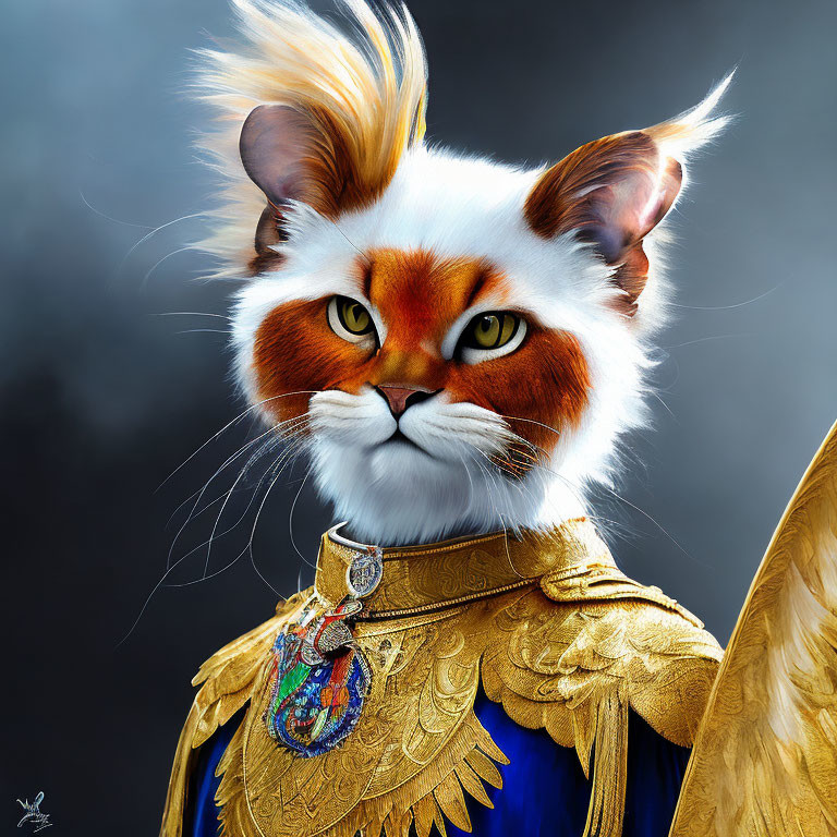 Striking anthropomorphic cat in ornate golden armor