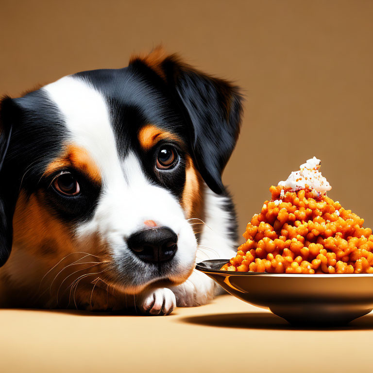 Tricolor dog eyeing caviar spoon on table in warm-toned setting