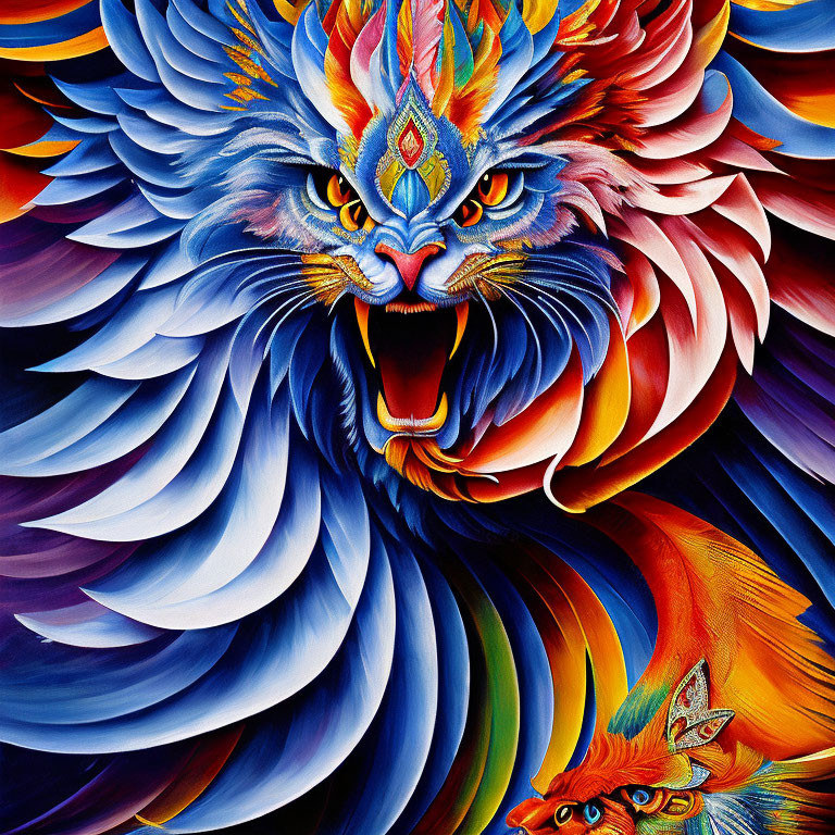 Colorful mythical lion artwork with intricate feathers and fiery creature.