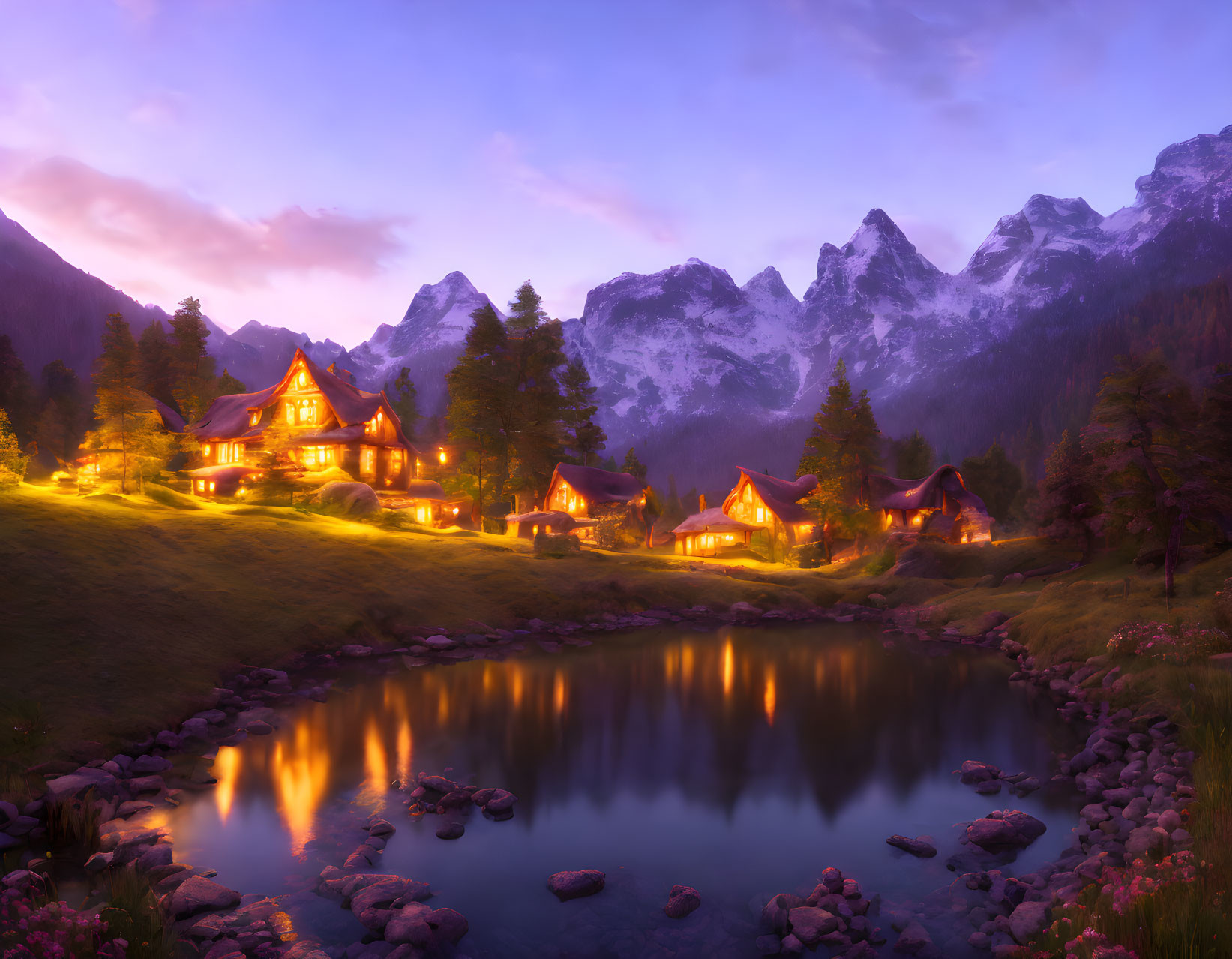 Alpine chalets by mountain lake at dusk