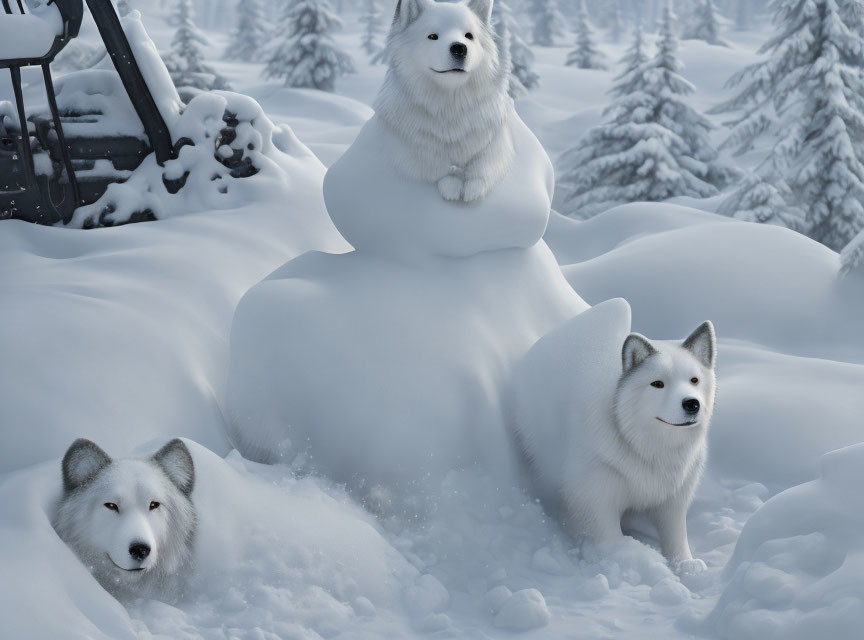 Three White Dogs in Snowy Landscape with Snow-Covered Vehicle