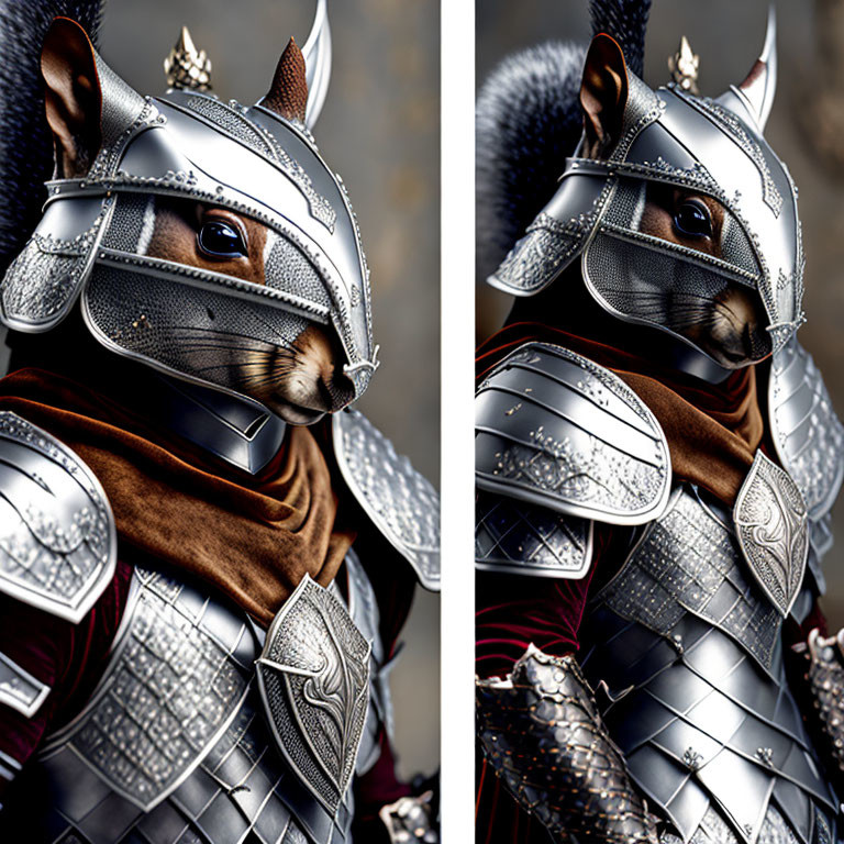 Medieval knight armor-themed digital artwork featuring two squirrels in intricate designs