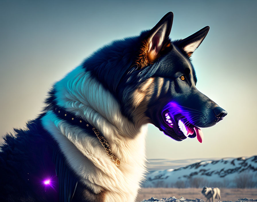 Digitally Enhanced Image of Dog with Glossy Fur and Purple Mouth in Twilight Landscape