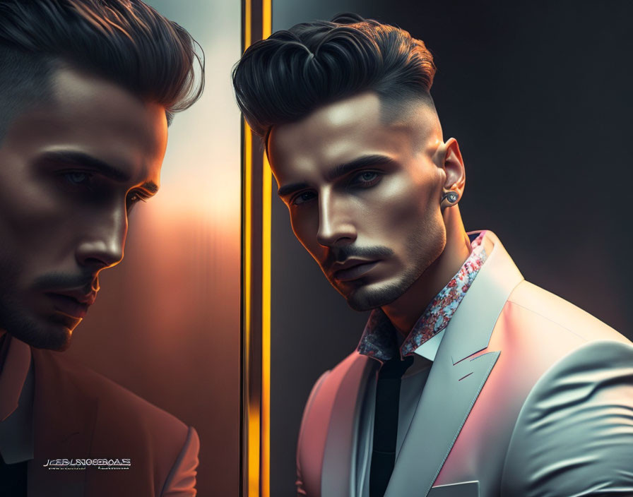 Stylized man in floral suit gazes at mirror