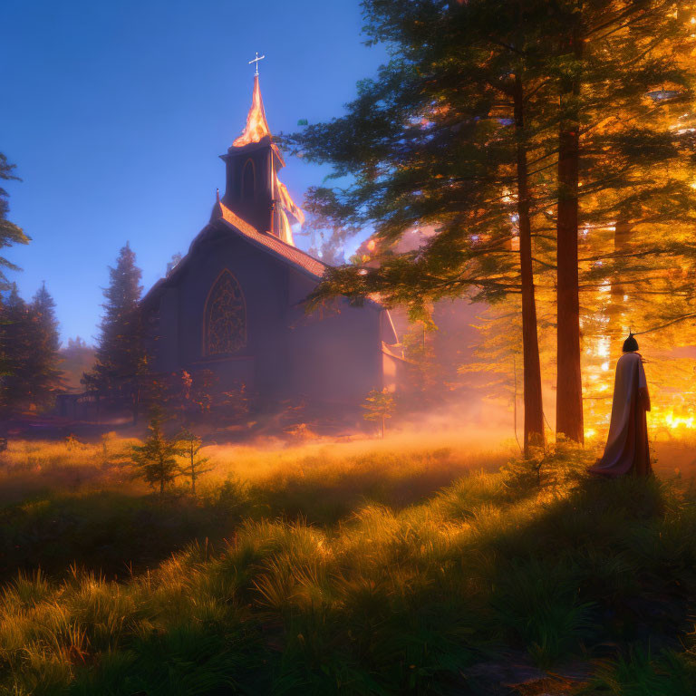 Cloaked figure in misty forest at sunrise near gothic church.