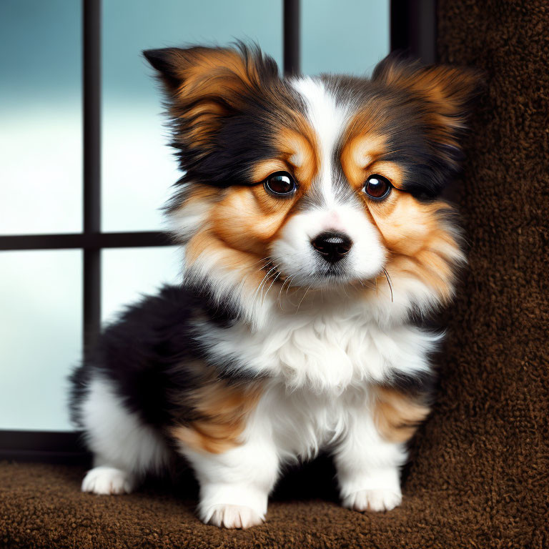 Tricolor Pembroke Welsh Corgi Puppy Indoors on Brown Background